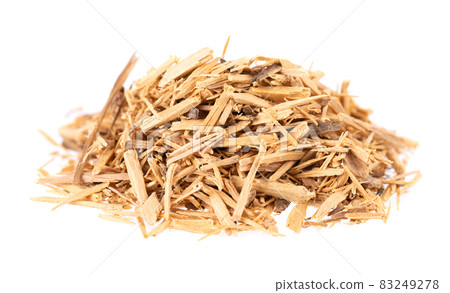 Muira Puama herbal tea, isolated on white background. Natural potency wood, medicinal plant, dry tea. Ptychopetalum olacoides. 83249278