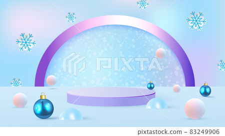 Christmas scene on blue background with podium,drifts, Christmas tree and Christmas balls. Showcase for product presentation. Vector illustration 83249906