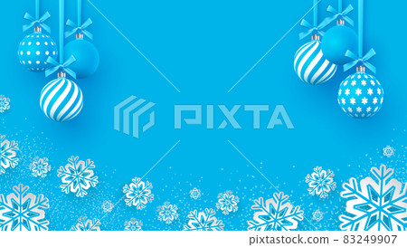 Christmas gently blue baubles with geometric patterns and snowflakes. Abstract Christmas background in pastel colors. A place for your text. Vector illustration. Christmas gently blue baubles with geometric patterns and snowflakes. Abstract Christmas background in pastel colors. A place for your text. Vector illustration. 83249907