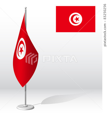 TUNISIA flag on flagpole for registration of solemn event, meeting foreign guests. National independence day of TUNISIA. Realistic 3D vector on white TUNISIA flag on flagpole for registration of solemn event, meeting foreign guests. National independence day of TUNISIA. Realistic 3D vector on white 83250256