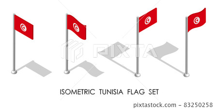 isometric flag of Republic of TUNISIA in static position and in motion on flagpole. 3d vector 83250258