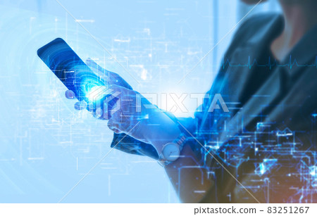 Technology image of a Japanese woman with a user network business image icon and tablet 83251267