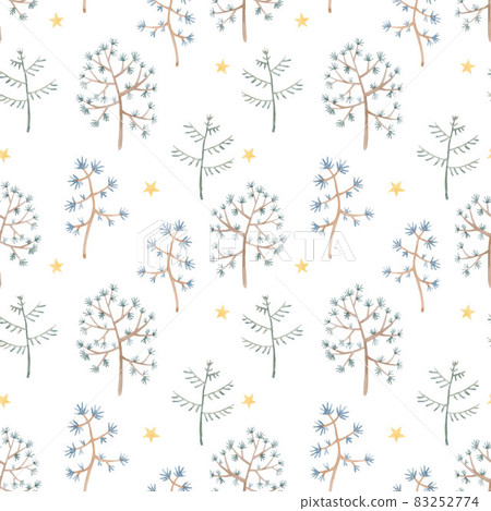 Beautiful vector winter seamless pattern with hand drawn watercolor cute trees. Stock illustration. 83252774