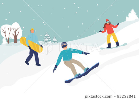 snowboard. Couple of snowboarders in mountains. Winter sport and recreation. Snowboarding resort with young man, woman. Flat vector illustration winter landscape 83252841