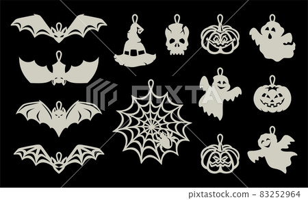 Set of pendants, hanging decorations for Halloween. Silhouettes of pumpkin, bat, skull, magic witch hat, funny ghosts, web with a spider on black background. Vector template for plotter laser cutting. Set of pendants, hanging decorations for Halloween. Silhouettes of pumpkin, bat, skull, magic witch hat, funny ghosts, web with a spider on black background. Vector template for plotter laser cutting. 83252964