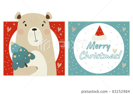 Collection of Christmas cards. Cute Santa bear with Christmas tree on decorative bright background. Vector illustration with text Merry Christmas. new year square card with cute animal. Collection of Christmas cards. Cute Santa bear with Christmas tree on decorative bright background. Vector illustration with text Merry Christmas. new year square card with cute animal. 83252984