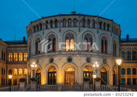 Oslo, Norway. Night View Of Storting Building. Parliament Of Norway Building 83253242