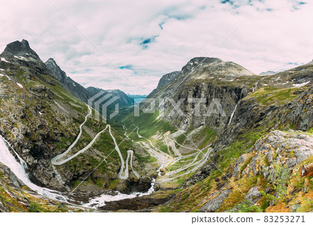Trollstigen, Andalsnes, Norway. Serpentine Mountain Road Trollstigen. Famous Norwegian Landmark And Popular Destination. Norwegian County Road 63 In Summer Day 83253271
