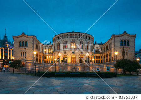 Oslo, Norway. Night View Of Storting Building. Parliament Of Norway Building 83253337
