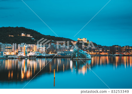 Oslo, Norway. Scenic Night Evening View Of Illuminated Residential Area District Downtown Sorenga Oslo, Norway. Scenic Night Evening View Of Illuminated Residential Area District Downtown Sorenga 83253349