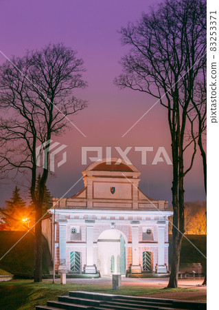 Parnu, Estonia. Tallinn Gate Is Historical Fortification Of Parnu. 17th Century Gate. Night View Parnu, Estonia. Tallinn Gate Is Historical Fortification Of Parnu. 17th Century Gate. Night View 83253371