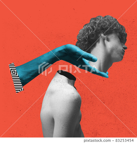 Modern design, contemporary art collage. Inspiration, idea, trendy urban magazine style. Male head and hand on dark red background Modern design, contemporary art collage. Inspiration, idea, trendy urban magazine style. Male head and hand on dark red background 83253454