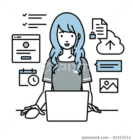 一位女性美容院職員坐在辦公桌前，在 PC 上管理項目和任務 83253512