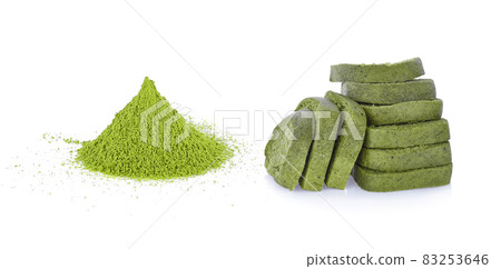 Matcha green tea and green tea bread on white background Matcha green tea and green tea bread on white background 83253646