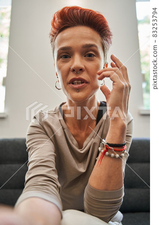 Caucasian girl with depression and mental disorders having conversation with psychoanalyst 83253794