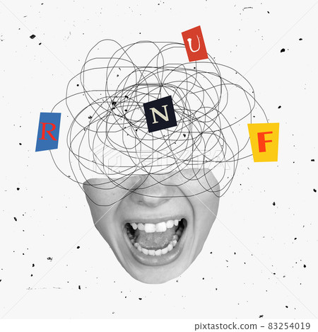 Modern design, contemporary art collage. Inspiration, idea, trendy urban magazine style. Chaos, mess in woman's head on light background 83254019