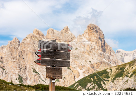 Directional Trail Signs in Sesto or Sexten Dolomites - Trentino Italy 83254681