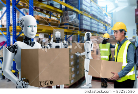 Innovative industry robot working in warehouse together with human worker Innovative industry robot working in warehouse together with human worker 83255580