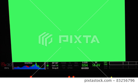 Video recording screen. Professional camera viewfinder frame on monitor screen. Screen showing status of red green blue color graph FPS and ISO number and setting data for videographer. film industry. 83256796