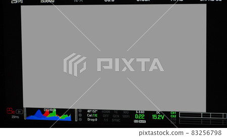 Video recording screen. Professional camera viewfinder frame on monitor screen. Screen showing status of red green blue color graph FPS and ISO number and setting data for videographer. film industry. Video recording screen. Professional camera viewfinder frame on monitor screen. Screen showing status of red green blue color graph FPS and ISO number and setting data for videographer. film industry. 83256798