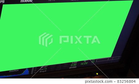 Video recording screen. Professional camera viewfinder frame on monitor screen. Screen showing status of red green blue color graph FPS and ISO number and setting data for videographer. film industry. 83256804