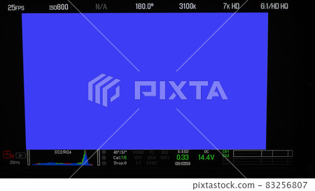 Video recording screen. Professional camera viewfinder frame on monitor screen. Screen showing status of red green blue color graph FPS and ISO number and setting data for videographer. film industry. Video recording screen. Professional camera viewfinder frame on monitor screen. Screen showing status of red green blue color graph FPS and ISO number and setting data for videographer. film industry. 83256807