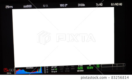 Video recording screen. Professional camera viewfinder frame on monitor screen. Screen showing status of red green blue color graph FPS and ISO number and setting data for videographer. film industry. Video recording screen. Professional camera viewfinder frame on monitor screen. Screen showing status of red green blue color graph FPS and ISO number and setting data for videographer. film industry. 83256814