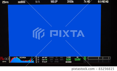 Video recording screen. Professional camera viewfinder frame on monitor screen. Screen showing status of red green blue color graph FPS and ISO number and setting data for videographer. film industry. Video recording screen. Professional camera viewfinder frame on monitor screen. Screen showing status of red green blue color graph FPS and ISO number and setting data for videographer. film industry. 83256815