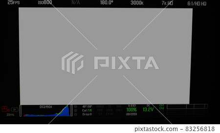Video recording screen. Professional camera viewfinder frame on monitor screen. Screen showing status of red green blue color graph FPS and ISO number and setting data for videographer. film industry. 83256818