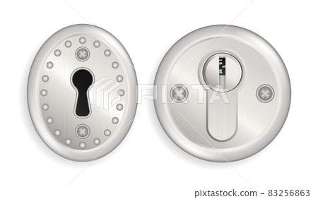 Metallic lockers isolated with key holes template. Realistic keyholes mechanisms for padlocks isolated on white background 83256863