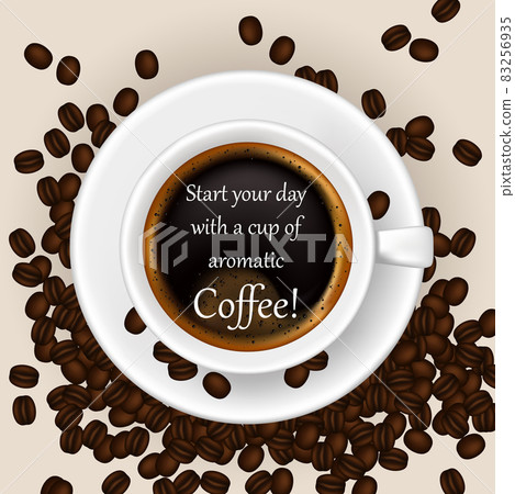 Realistic cup of coffee on grey background. Break time, good morning, drink menu design concept. Trendy banner or poster Realistic cup of coffee on grey background. Break time, good morning, drink menu design concept. Trendy banner or poster 83256935
