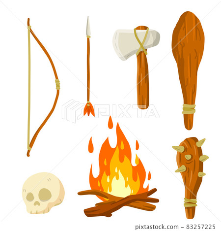 Prehistoric set of caveman weapons. Cartoon flat illustration. 83257225