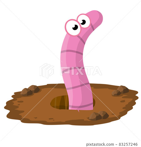 Worm in hole. Pink insect in nature. Cute little character. 83257246