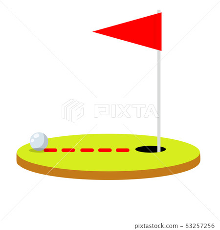 Golf course. Summer sports and hobby. Red flag with hole and ball. Golf course. Summer sports and hobby. Red flag with hole and ball. 83257256