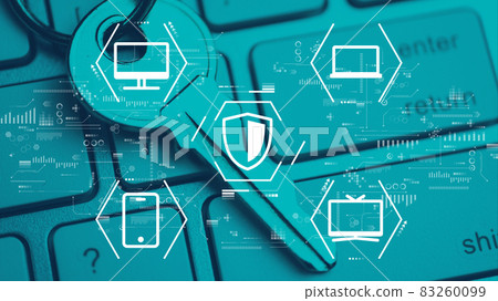 Protection and security concept on a keyboard with a key. Computer, tv and smartphone icons 83260099