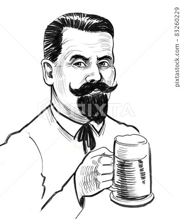 Gentleman with a mug of beer. Ink black and white drawing Gentleman with a mug of beer. Ink black and white drawing 83260229