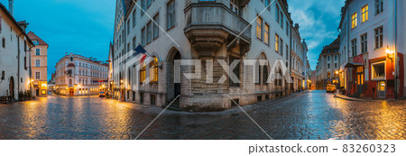 Tallinn, Estonia. Night Evening Panorama Panoramic View Of Old Vana turg And Suur-Karja Street In Tallinn 83260323
