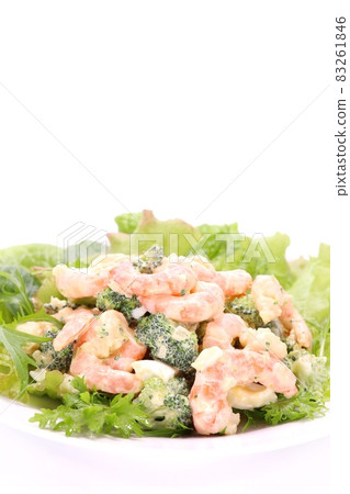 Shrimp and broccoli salad bright background 83261846