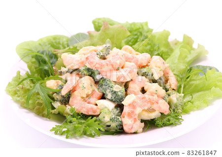Shrimp and broccoli salad bright background 83261847