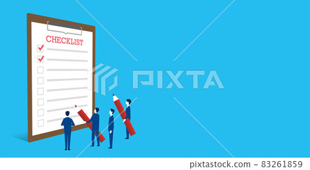 Illustration of a business person with a checklist and pencil, blue background, copy space on the right, vector Illustration of a business person with a checklist and pencil, blue background, copy space on the right, vector 83261859