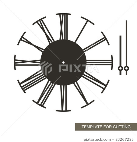 Stylish dial with Roman numerals. Wall clock with arrows in the loft style. Simple design, minimalism. Vector sample for plotter laser cutting of paper, plastic, wood carving, metal engraving, cnc.  83267253