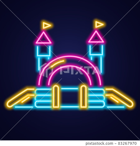 Bouncy castle neon icon. Jumping house on kids playground. Vector illustration. Bouncy castle neon icon. Jumping house on kids playground. Vector illustration. 83267970