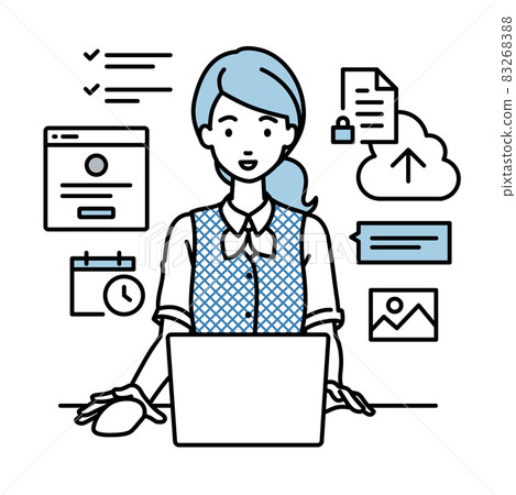 A woman in a clerk uniform sitting at a desk and managing projects and tasks on a PC 83268388