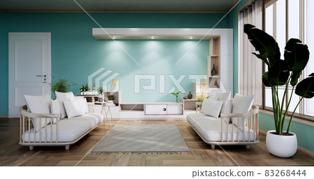 Cabinet shelves on mint wall design room with decoration ,lamp,plants,carpet, sofa.3D rendering 83268444