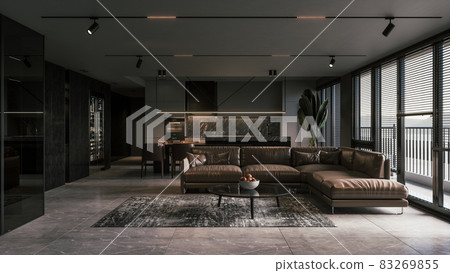 Minimalist interior of the living room kitchen. Interior of elegant kitchen and dining area. 3d illustration 83269855