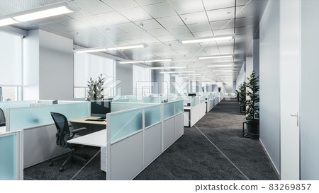 Interior of an empty office space. Empty workstations in the office. Stylish contemporary office space. 3d illustration Interior of an empty office space. Empty workstations in the office. Stylish contemporary office space. 3d illustration 83269857