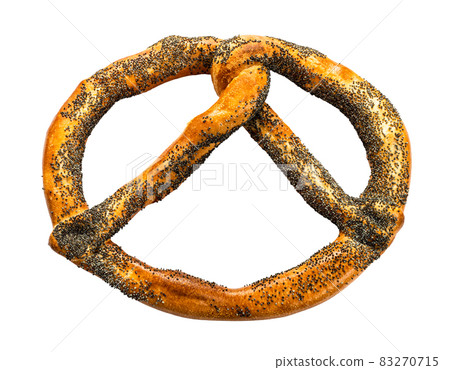 single pretzel sprinkled with poppy seeds isolated single pretzel sprinkled with poppy seeds isolated 83270715