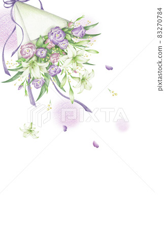 Bouquet of lily and purple eustoma Postcard template Vertical hand-painted colored pencil drawing 83270784