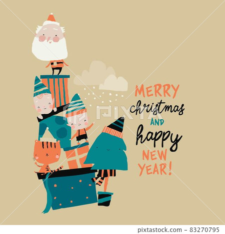 Funny cartoon Santa Claus with little Helpers and Gifts 83270795