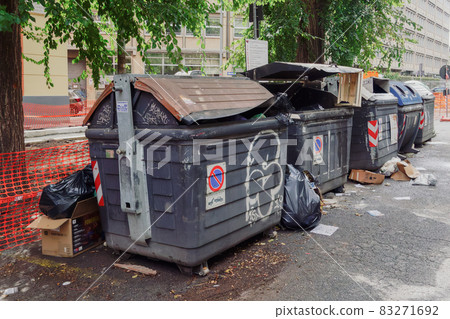 Rome, Italy many big garbage bins with trash outside. Rome, Italy many big garbage bins with trash outside. 83271692